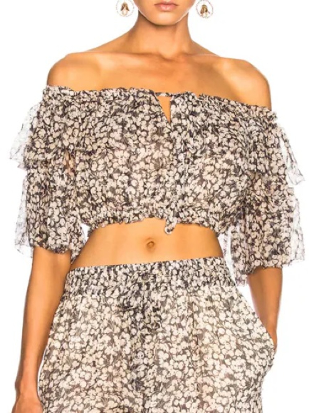 Zimmermann Black and Cream Floral Ruffle Off-Shoulder Crop Top